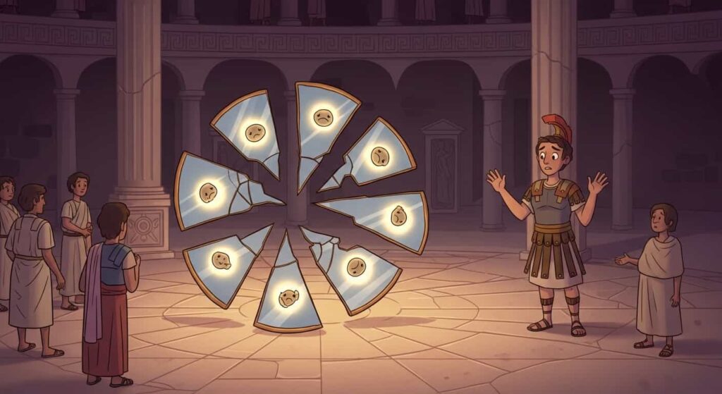 A broken bronze mirror with seven floating shards, each containing a glowing orb representing a fragment of the soul, with a worried Roman figure nearby.