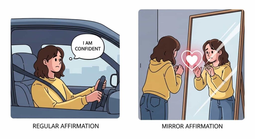 A cartoon comparing regular affirmations done in a car to deeper mirror affirmations involving eye contact and emotional connection in front of a mirror.