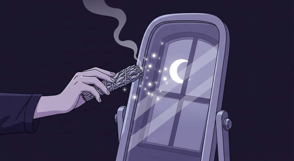 Hand smudging a standing mirror with sage bundle, glowing particles, mirror cleansing ritual, 2D cartoon