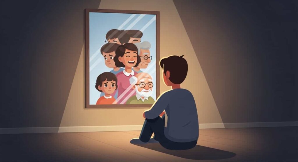 A 2D cartoon showing a person in mirror meditation, with their reflection showing multiple life stages, representing the practice of confronting and integrating the shadow self.