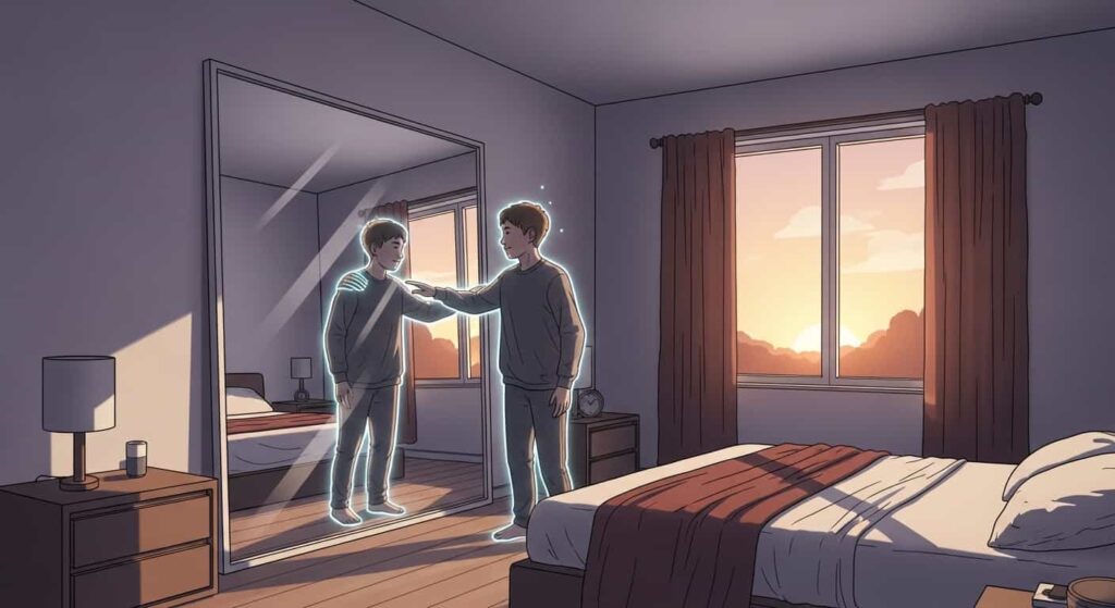A modern room with a mirror. The physical person stands looking at the mirror while their glowing spiritual reflection reaches out to touch their shoulder.