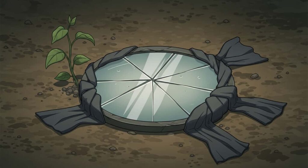 Cracked mirror wrapped in dark cloth on earth floor, retiring spiritual mirror tool with respect, 2D cartoon