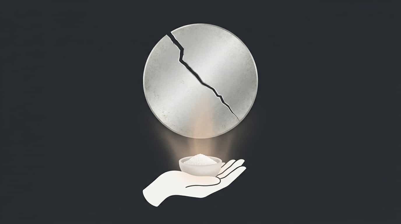 Flat illustration of a cracked mirror with a hand holding a salt bowl beneath it, representing the power to reverse bad luck through cleansing rituals.