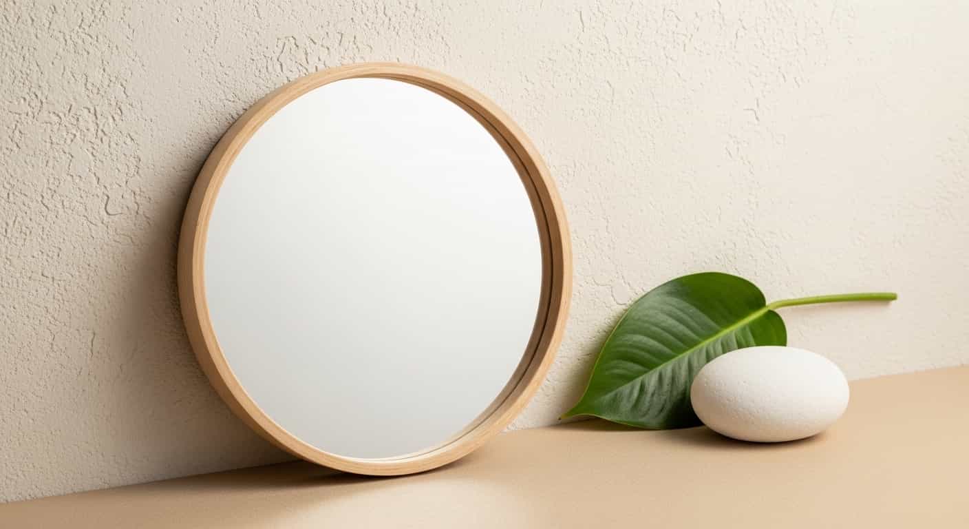 Feng Shui mirror placement rules with a round wooden mirror, green plant, and stone on a beige background symbolizing balance and positive energy.