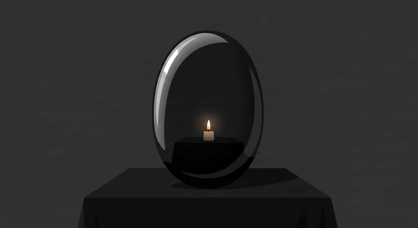 A flat illustration of a black obsidian scrying mirror with a single candle flame reflection, symbolizing spiritual divination and inner vision.